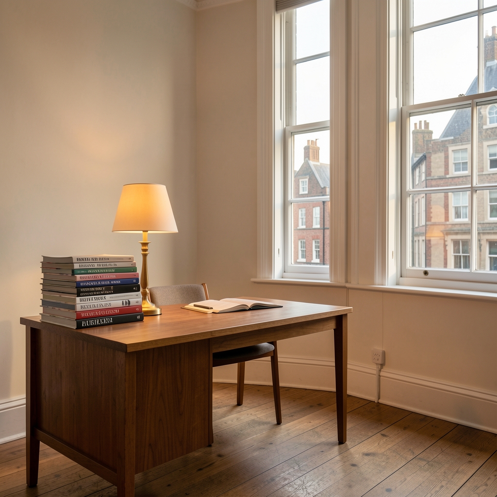Sparse editorial office interior with a single desk, warm lamp, stack of reference journals, tall window with diffused natural light, London late afternoon
