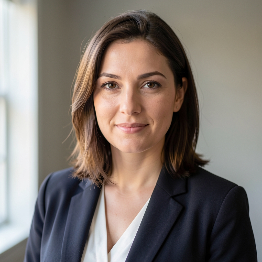 Headshot of a woman in her early thirties, soft window light from the side, relaxed professional expression, dark jacket, neutral indoor backdrop