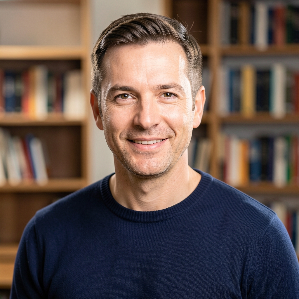 Headshot of a man in his early forties, bright studio setup with controlled lighting, slight smile, navy sweater, bookshelves visible in background