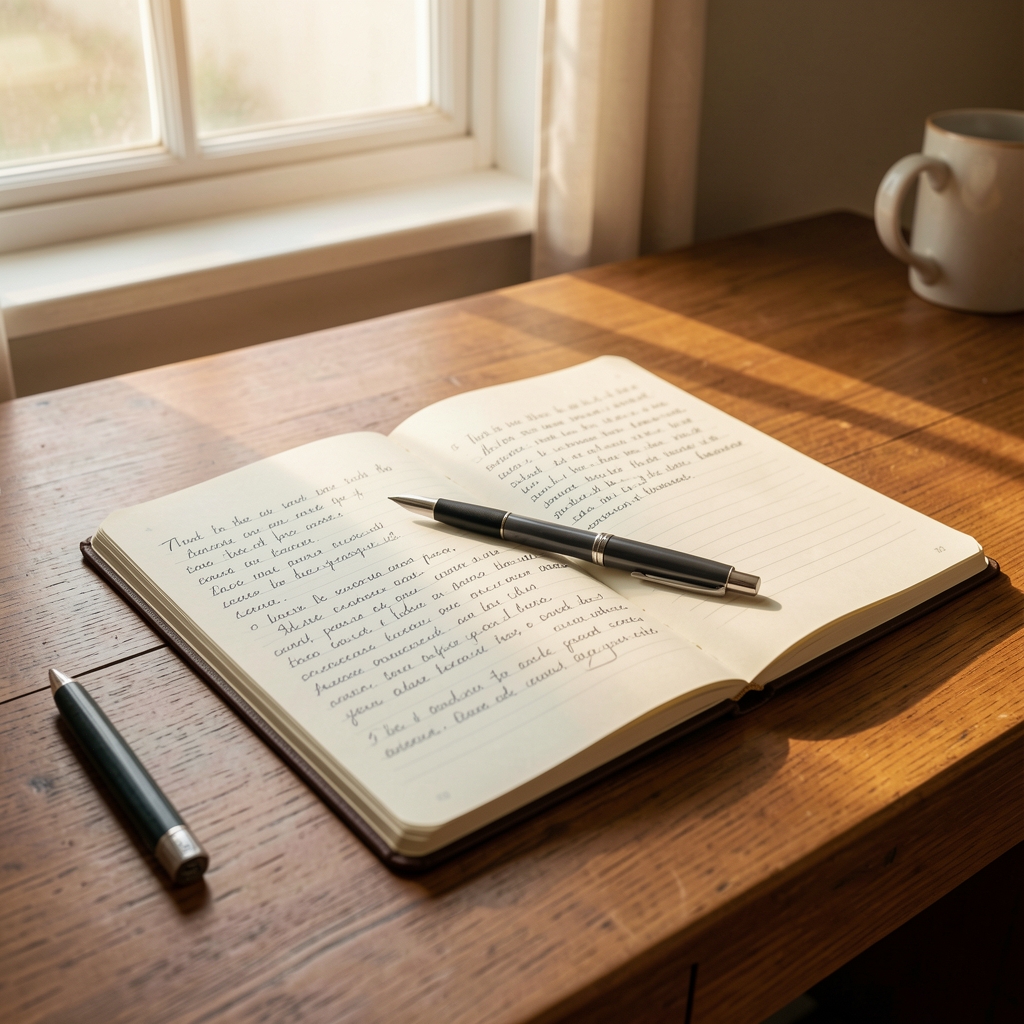 Wooden writing desk with open notebook, uncapped pen resting across a page of handwritten notes, warm afternoon light from a single window, no digital devices visible