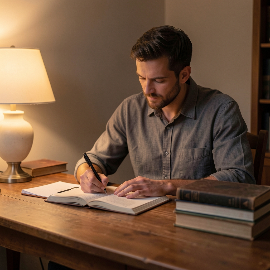 Man sitting at a wooden desk in warm lamplight writing in a journal, evening hour, stack of books beside him, no screens visible, quiet focused atmosphere