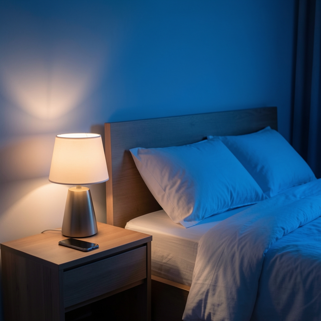 Bedroom scene with blue-toned smart lighting turned off, only a single warm lamp on, phone placed face-down on nightstand, minimalist and intentional arrangement