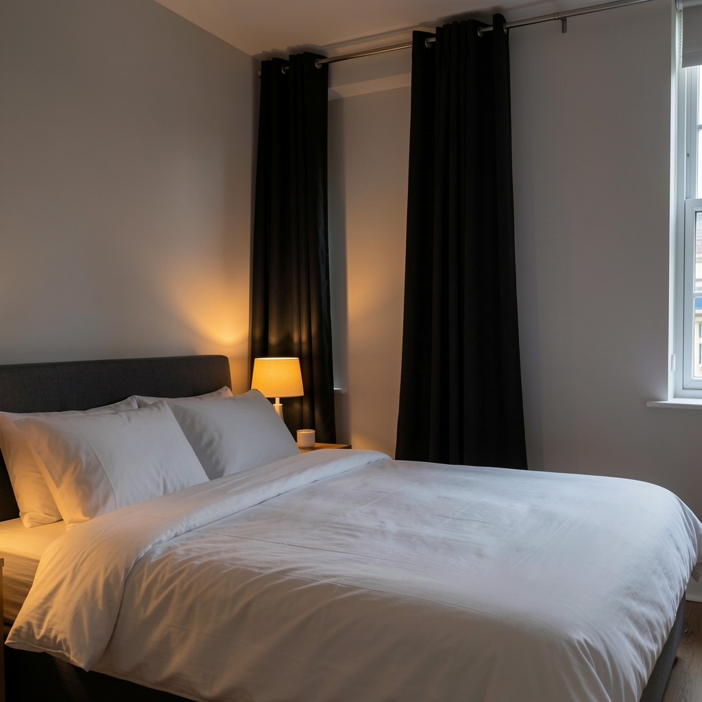 Low-lit bedroom in a modern London flat, clean lines, blackout curtains half drawn, warm amber bedside lamp casting a gentle pool of light on white bedding
