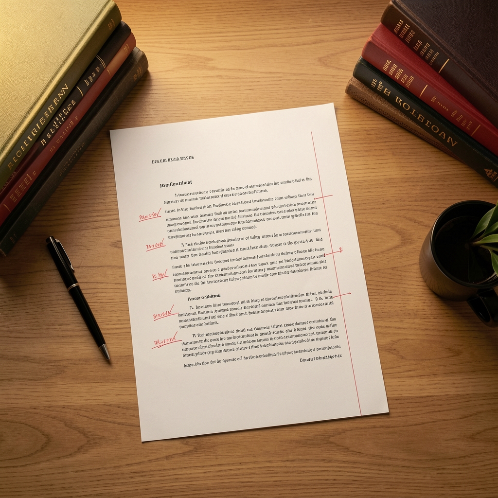 Overhead view of an organised desk with a printed article draft, red pen corrections marked in margins, reference books stacked to one side, under warm studio lighting